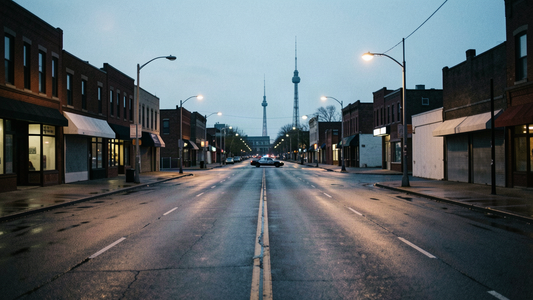 Empty Detroit street at dusk with a distant police cruiser and a transmission tower silhouetted on the skyline