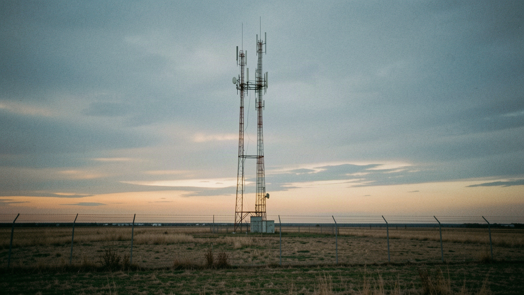 Distant AM broadcast antenna tower array in a rural field at dusk behind a perimeter fence