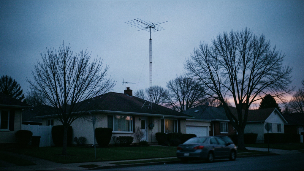 Amateur radio antenna mast above a suburban rooftop at dusk, seen from the street