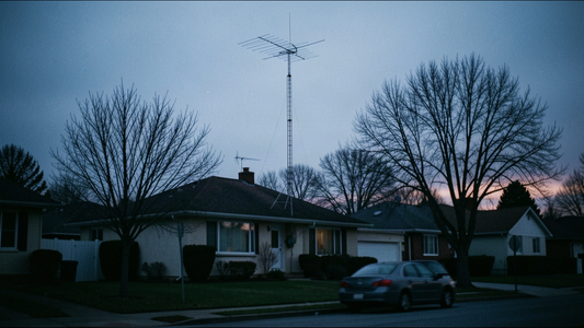 Amateur radio antenna mast above a suburban rooftop at dusk, seen from the street