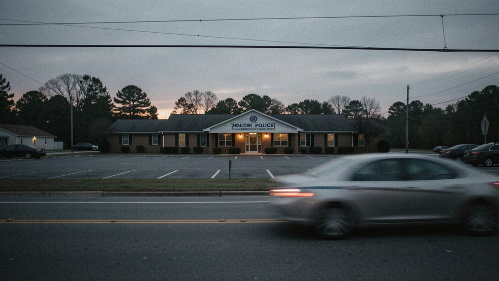 Small-town Maryland county police headquarters exterior at dusk, seen from across an empty parking lot, documentary news photograph