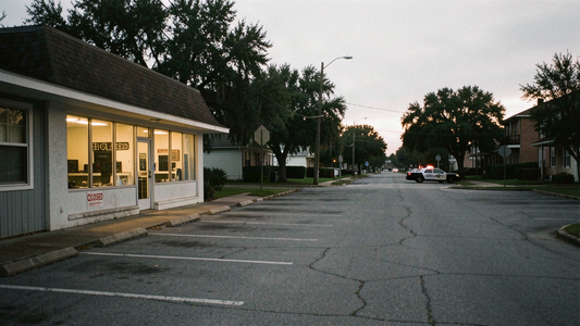 A quiet New Orleans electronics shop storefront at dusk, empty parking lot and a distant cruiser, illustrating the ComJoT radio bankruptcy story