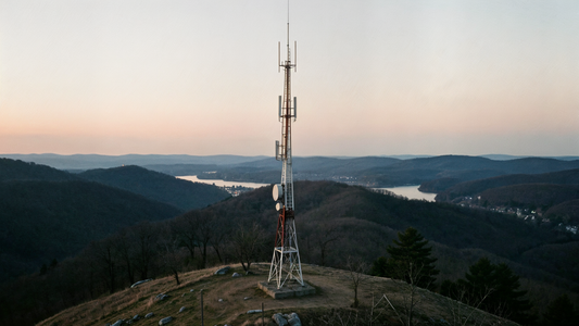 Documentary photograph of a VHF radio tower on a ridge in the Hudson Valley at dusk with muted editorial color grade