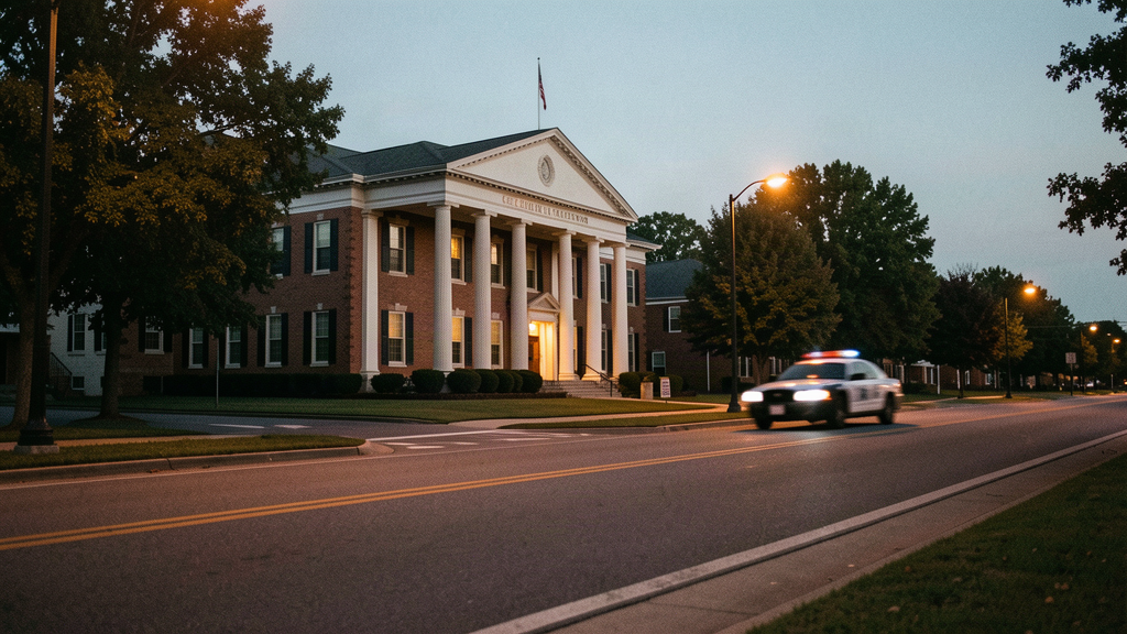 County courthouse at dusk in a Virginia suburb, where residents check whether encrypted dispatch still offers a public call dashboard.