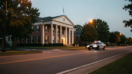 County courthouse at dusk in a Virginia suburb, where residents check whether encrypted dispatch still offers a public call dashboard.