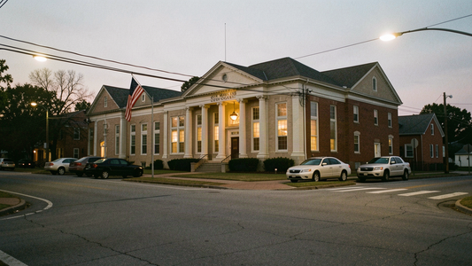 Exterior of a small-town Southern county courthouse at dusk, with an American flag hanging still and an empty street in the foreground.