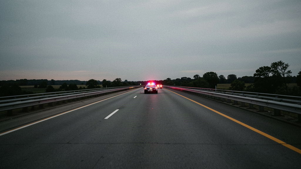 Empty New Jersey Turnpike at dusk with a distant state police cruiser far down the road, overcast sky, documentary news photograph