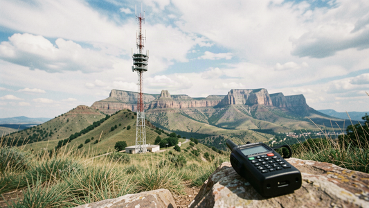A radio tower stands on a ridge near Boulder, Colorado, with a handheld radio on a rock in the foreground.