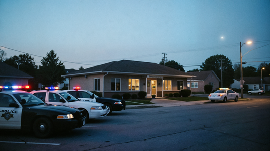 Documentary photograph of a modest Midwestern Illinois police station exterior at dusk with parked police cruisers in the foreground and streetlights beginning to glow, wide news-photo framing with no readable signage