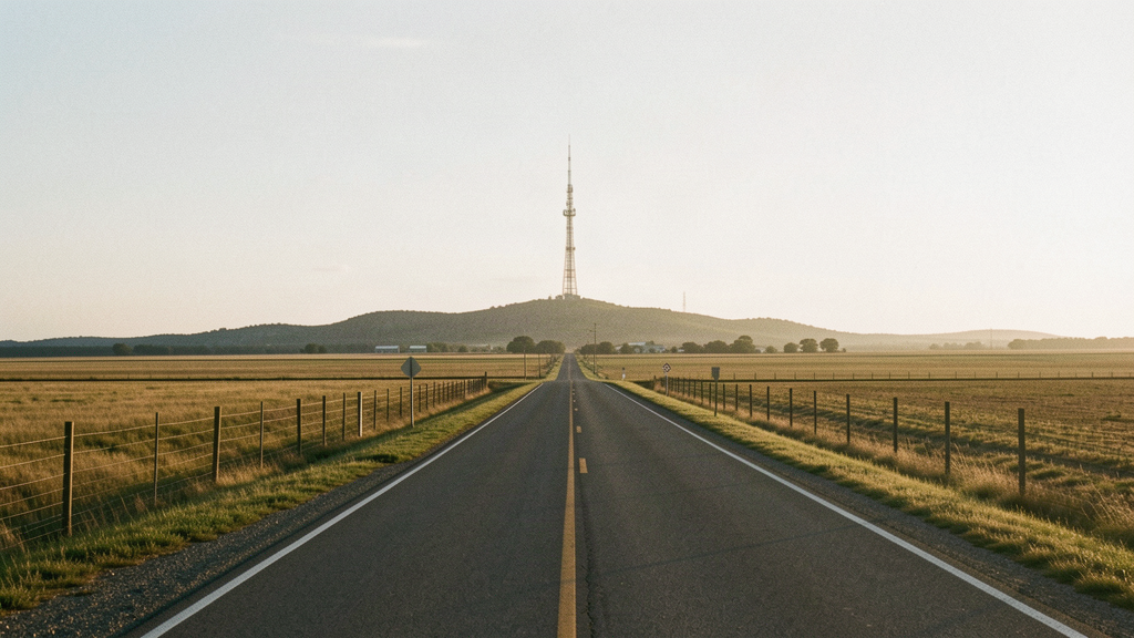A rural Oklahoma county road at golden hour leading to a distant radio tower as Kingfisher County law enforcement and fire dispatch go encrypted in August 2026