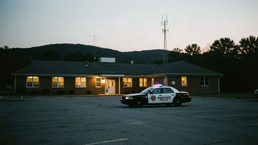 The exterior of a Pennsylvania State Police barracks at dusk with a distant patrol cruiser and a radio antenna tower on a ridge, illustrating the PSP radio programming case