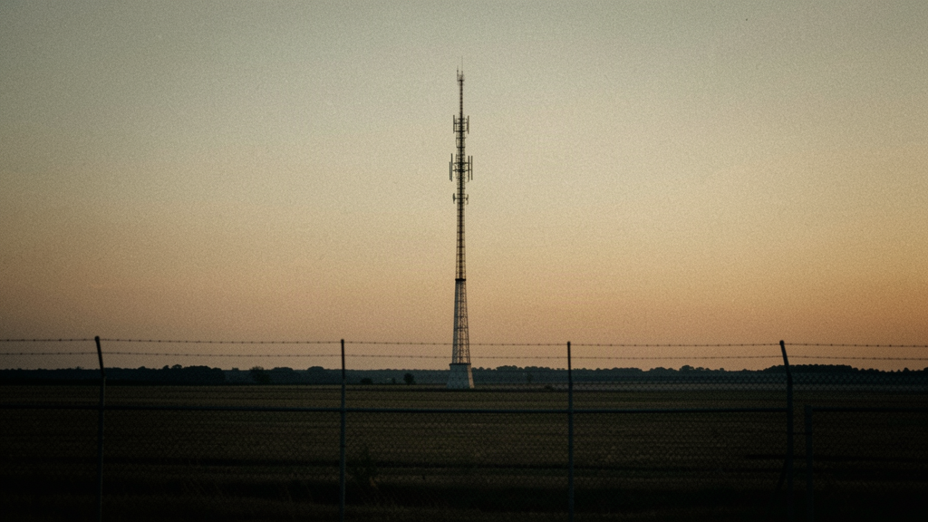Radio transmission tower on a flat midwestern landscape at dusk with antennas against an amber sky