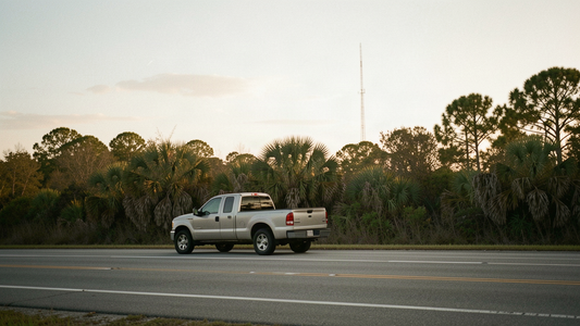 Pickup truck parked on a rural Florida highway shoulder at golden hour with pine scrub and a distant antenna mast