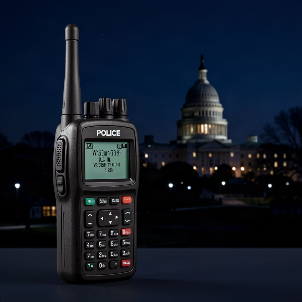 Police scanner with Washington DC skyline at night