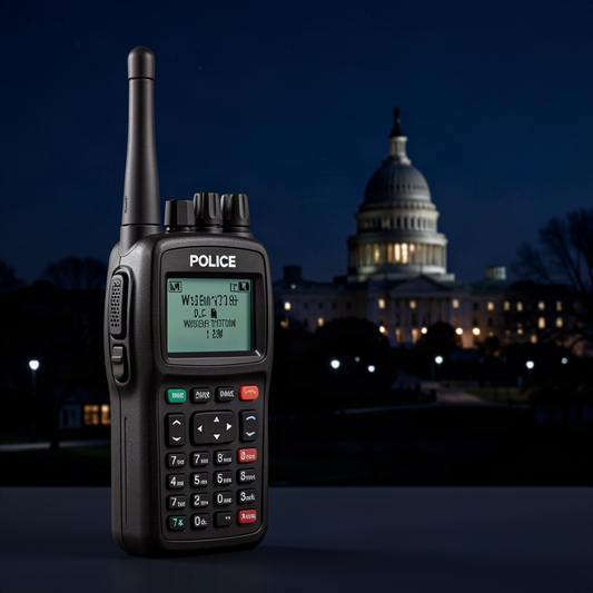 Police scanner with Washington DC skyline at night