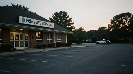 Harford County, MD sheriff's office station exterior at dusk after the agency encrypted its patrol radio under FBI CJIS policy