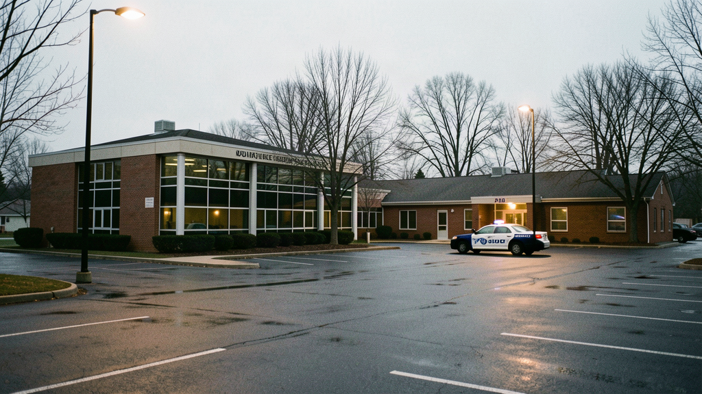 Suburban New Jersey township municipal and police building at dusk seen across an empty parking lot