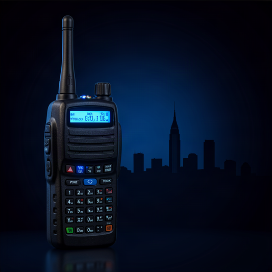 Handheld police scanner radio with blue glow in front of Minneapolis skyline silhouette, representing Twin Cities encryption lockout