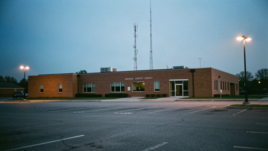 County government building at dusk with a distant radio antenna tower rising behind the roofline