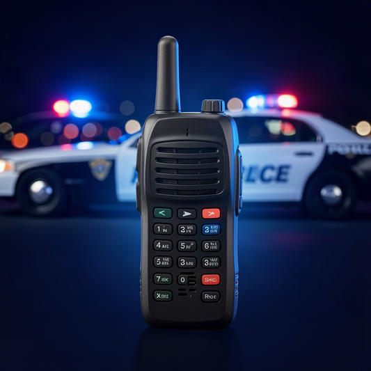 Professional police scanner on dark background with blue LED glow, representing NYPD radio encryption and scanner listening