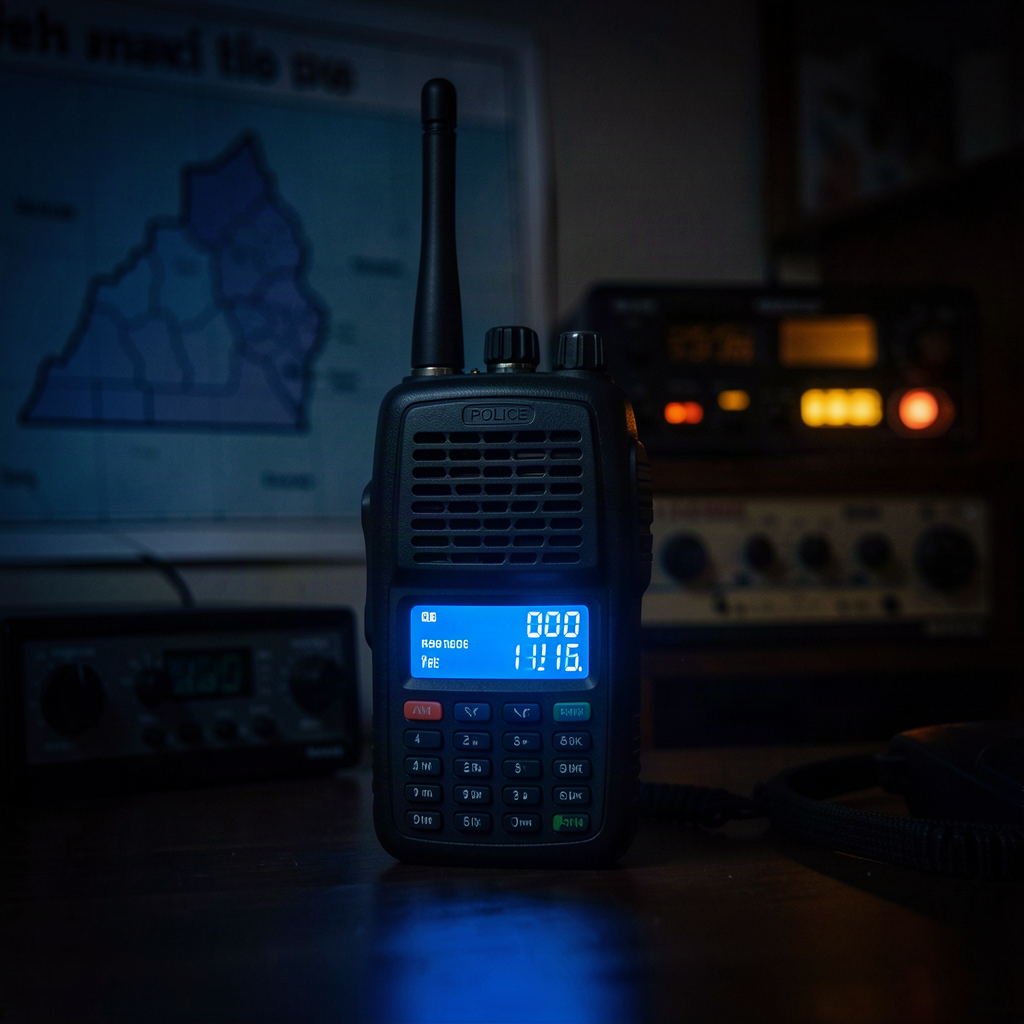 Police scanner radio with blue LED display on dark background, symbolizing Loudoun County encryption transition