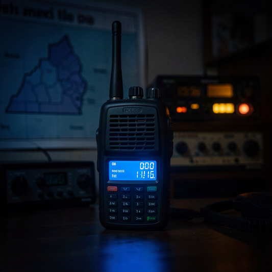 Police scanner radio with blue LED display on dark background, symbolizing Loudoun County encryption transition