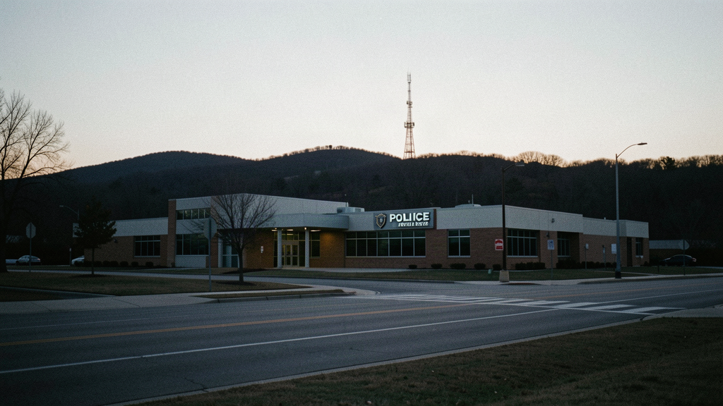 Illinois police station exterior in the St. Louis Metro East at dusk with a radio tower silhouetted behind it
