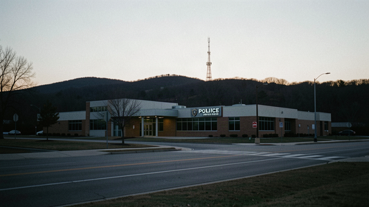 Illinois police station exterior in the St. Louis Metro East at dusk with a radio tower silhouetted behind it