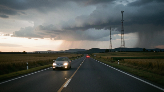 A lone car on a rural highway at dusk with storm clouds and a distant broadcast tower on the horizon