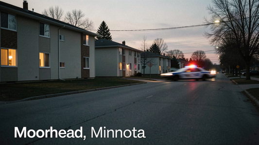 Documentary photograph of a quiet Moorhead residential street at dusk with a distant blurry cruiser