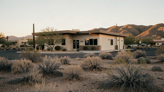 A modern single-story police station exterior in a southern Nevada desert town at golden hour