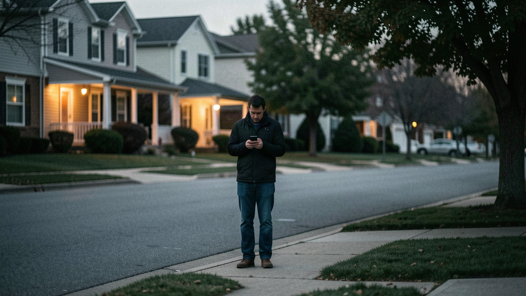 A lone pedestrian on a quiet residential street at dusk stops to check a smartphone, soft porch lights glowing in the background — a documentary-style scene evoking how false mobile alerts reach people at home.