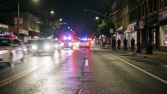 Distant police vehicles with blurred flashing lights on a wet Memphis street at night, seen from far away