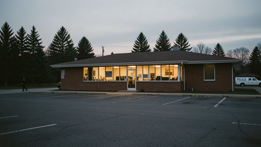 Small-town Minnesota police station exterior at dusk seen across an empty parking lot, warm lights in the windows