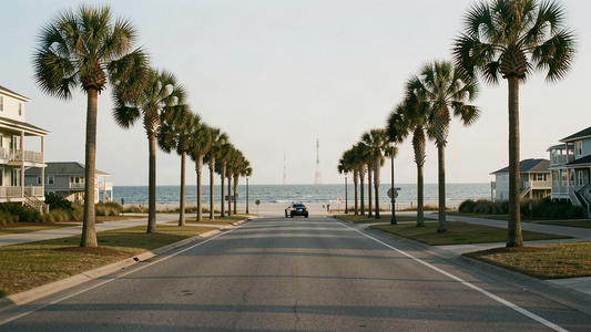 An empty palm-lined beach town street near the South Carolina coast with a distant police cruiser, as Horry County police dispatch goes fully encrypted in 2026