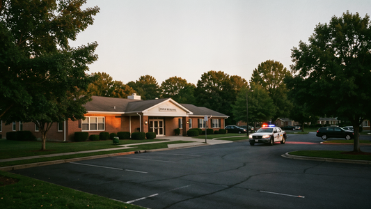 Documentary photograph of a suburban Virginia public safety building at dusk in the DC suburbs with a distant police cruiser leaving the parking lot, wide news-photo framing with no readable signage
