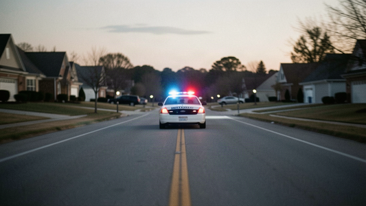 Distant Huntsville police cruiser with flashing lights on a suburban street at dusk during a chase