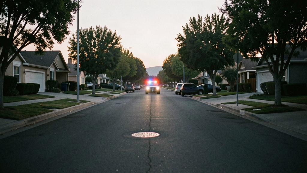 A quiet suburban residential street in Fremont, California at dusk with a distant police cruiser