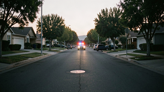 A quiet suburban residential street in Fremont, California at dusk with a distant police cruiser