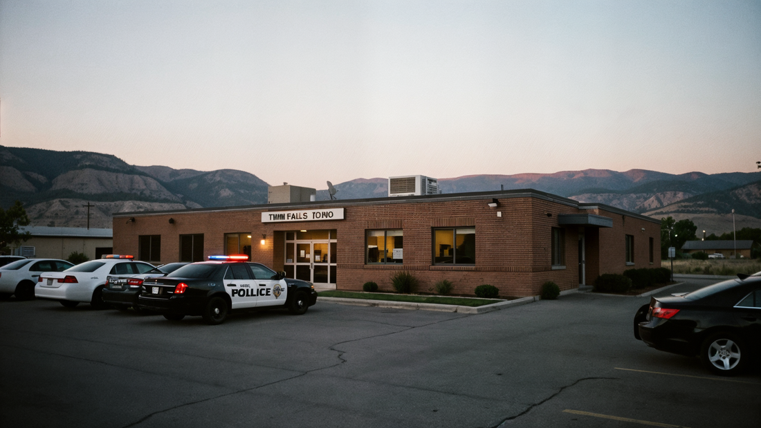 Twin Falls Idaho police station exterior at twilight with police vehicles parked in front, a low brick municipal building in a small city setting