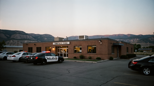 Twin Falls Idaho police station exterior at twilight with police vehicles parked in front, a low brick municipal building in a small city setting