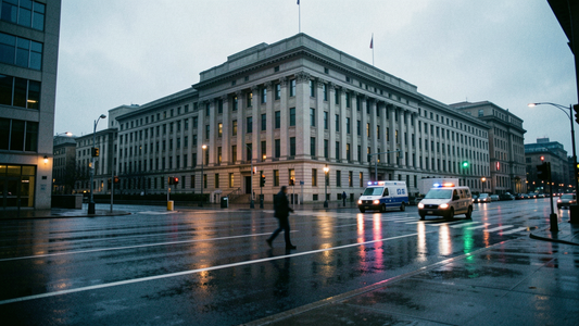 City police headquarters at dusk seen from across a wet street, muted news-photo color grade