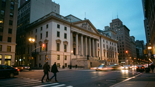 Stone facade of a city government building at dusk seen from across a busy street