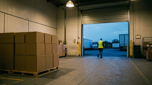 Parcel warehouse loading dock at dusk with stacked unlabeled cardboard boxes on a pallet and a blurred worker passing by