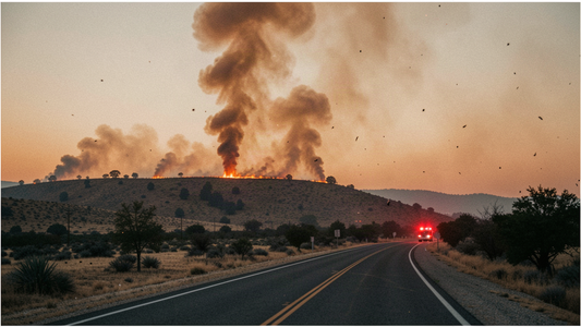 A wildfire burns along a ridge at dusk, smoke rising, seen from a rural highway.