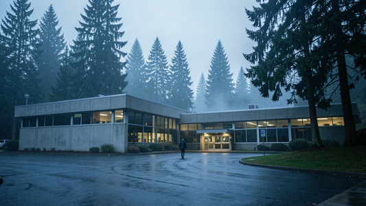 Pacific Northwest county emergency communications building at blue hour under wet evergreen trees
