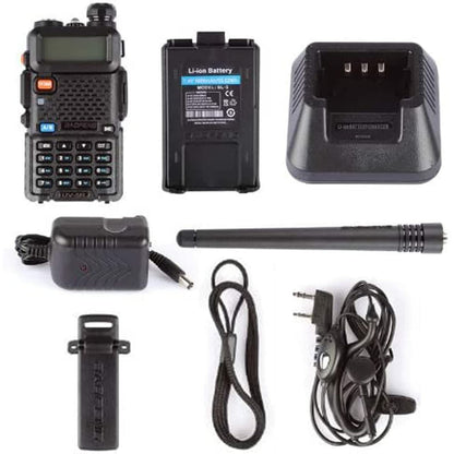 Baofeng UV-5R in black with battery, charger, earpiece and antenna